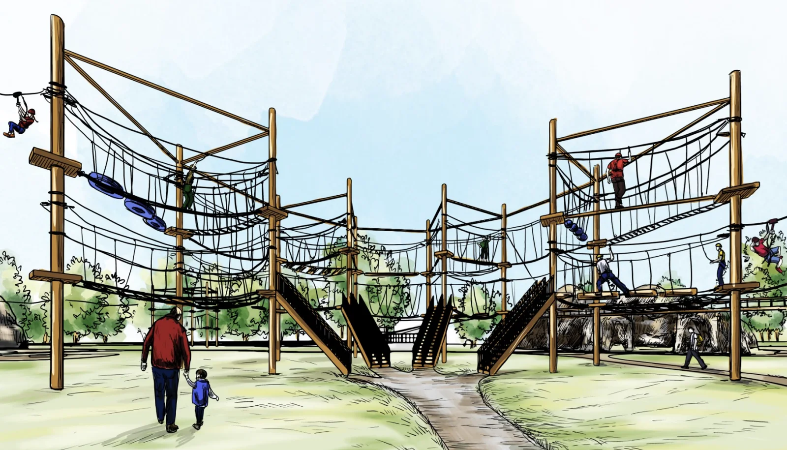 Planeringsvisualisering av parkens stolpar, plattformar och repbanor